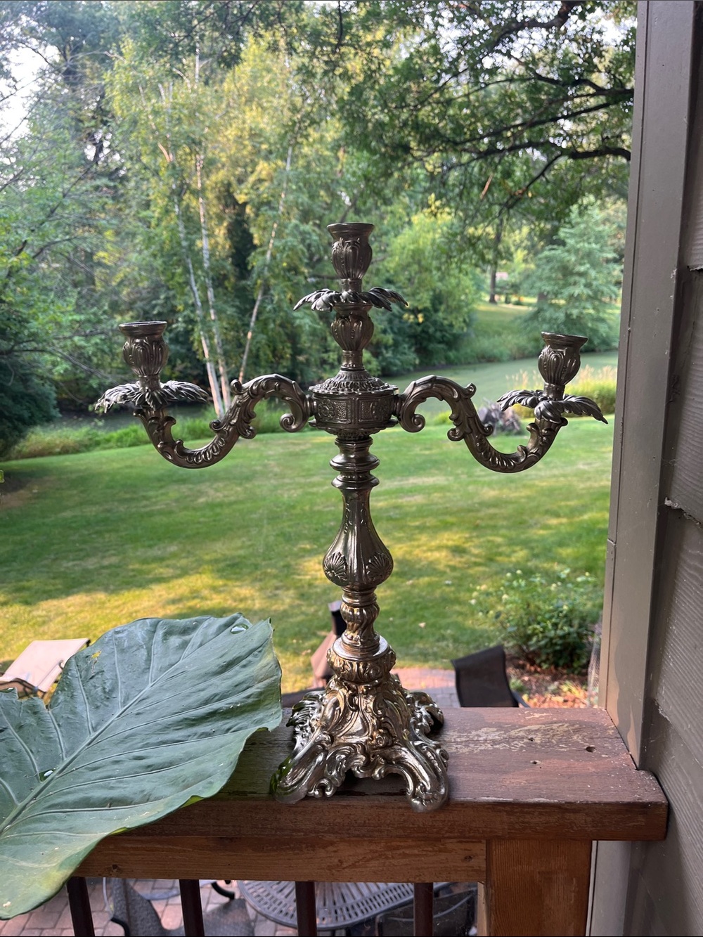 Antique-Style Silver Finish Three-Arm Candelabra
